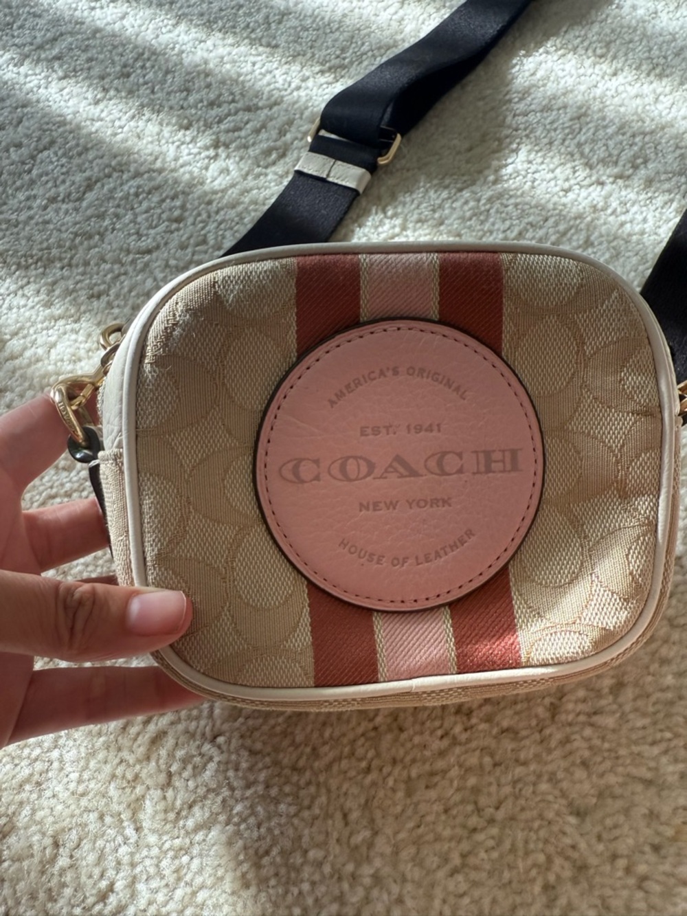Coach Beige Canvas Crossbody with Pink Logo Patch and Coral Stripes